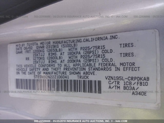 5TESN92N22Z106041 - 2002 TOYOTA TACOMA XTRACAB PRERUNNER 银色 照片 9