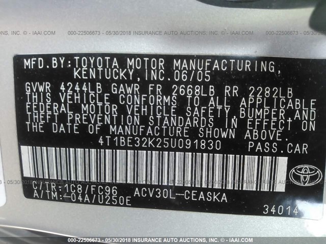 4T1BE32K25U091830 - 2005 TOYOTA CAMRY LE/XLE/SE 银色 照片 9