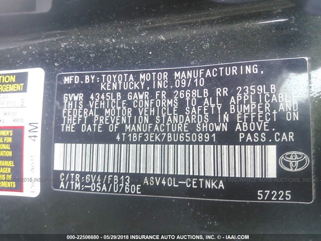 4T1BF3EK7BU650891 - 2011 TOYOTA CAMRY SE/LE/XLE GREEN photo 9