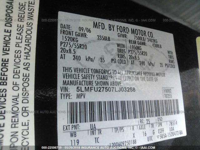 5LMFU27507LJ03268 - 2007 LINCOLN NAVIGATOR BLACK photo 9