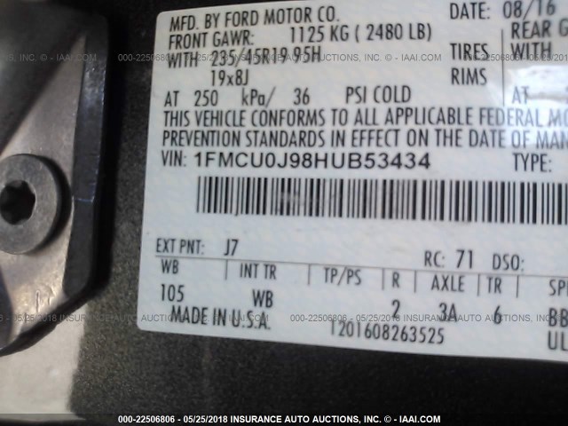 1FMCU0J98HUB53434 - 2017 FORD ESCAPE TITANIUM GRAY photo 9