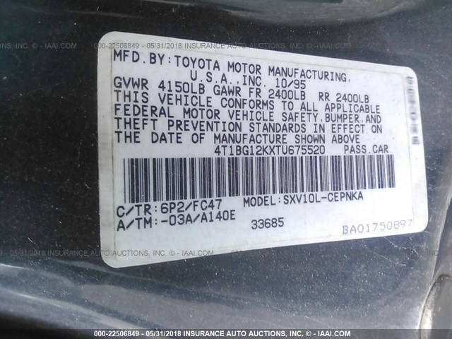 4T1BG12KXTU675520 - 1996 TOYOTA CAMRY DX/LE/XLE მწვანე ფოტო 9