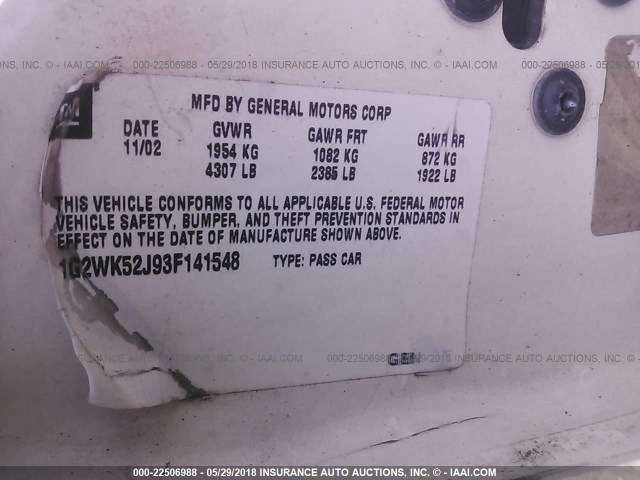 1G2WK52J93F141548 - 2003 PONTIAC GRAND PRIX SE 白色 照片 9