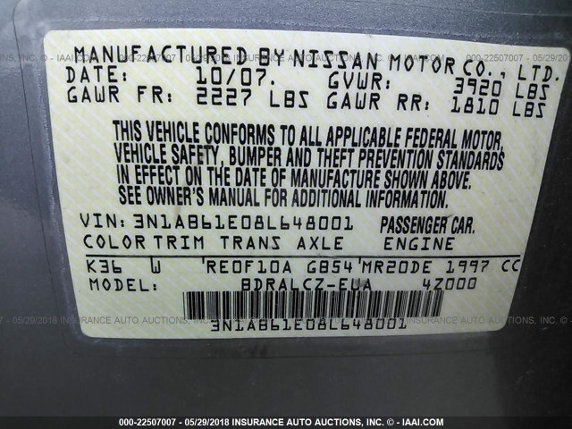 3N1AB61E08L648001 - 2008 NISSAN SENTRA 2.0/2.0S/2.0SL GRAY photo 9