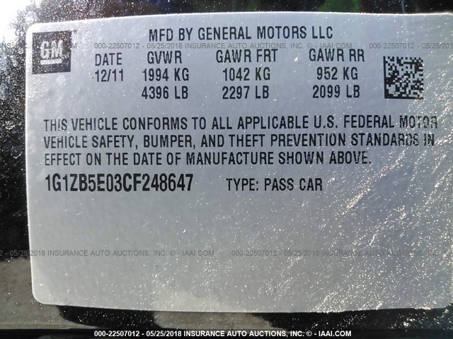 1G1ZB5E03CF248647 - 2012 CHEVROLET MALIBU LS BLACK photo 9