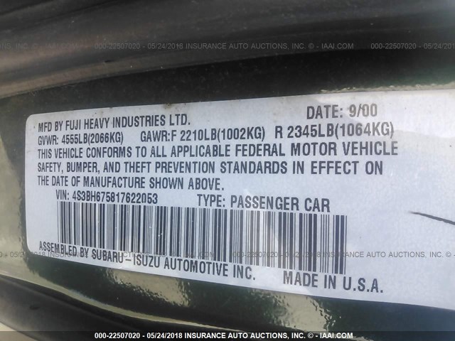 4S3BH675817622053 - 2001 SUBARU LEGACY OUTBACK AWP 绿色 照片 9