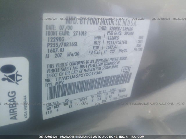 1FMDU65P2YZC57369 - 2000 FORD EXPLORER LIMITED 灰色 照片 9