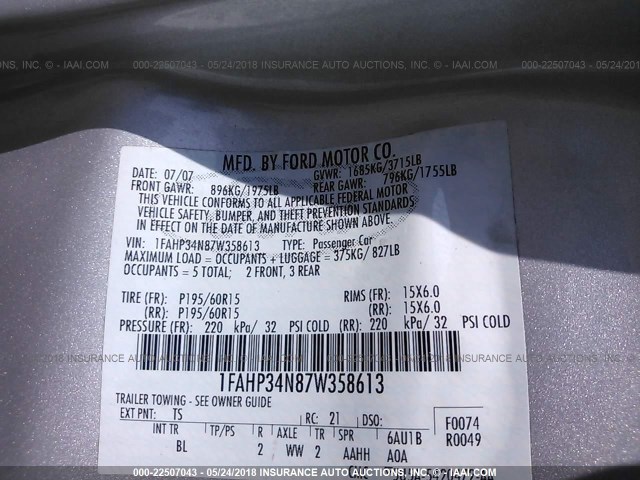 1FAHP34N87W358613 - 2007 FORD FOCUS ZX4/S/SE/SES 银色 照片 9