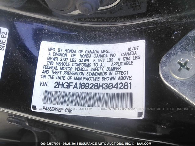 2HGFA16928H304281 - 2008 HONDA CIVIC EXL Qara foto 9