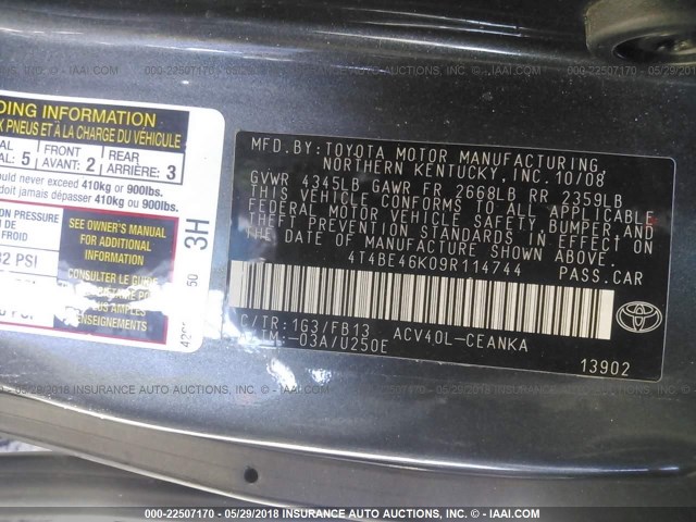 4T4BE46K09R114744 - 2009 TOYOTA CAMRY SE/LE/XLE ნაცრისფერი ფოტო 9