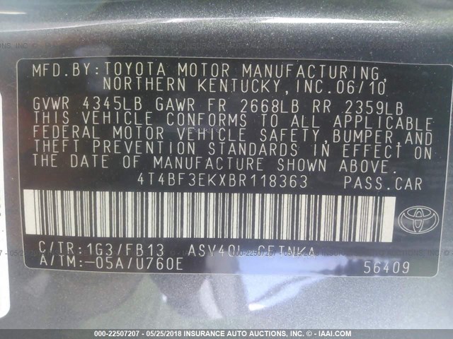 4T4BF3EKXBR118363 - 2011 TOYOTA CAMRY SE/LE/XLE GRAY photo 9
