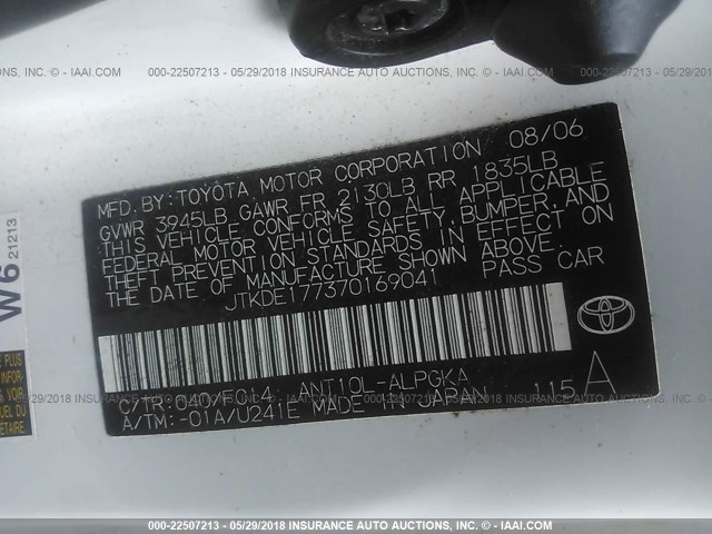 JTKDE177370169041 - 2007 TOYOTA SCION TC 白色 照片 9