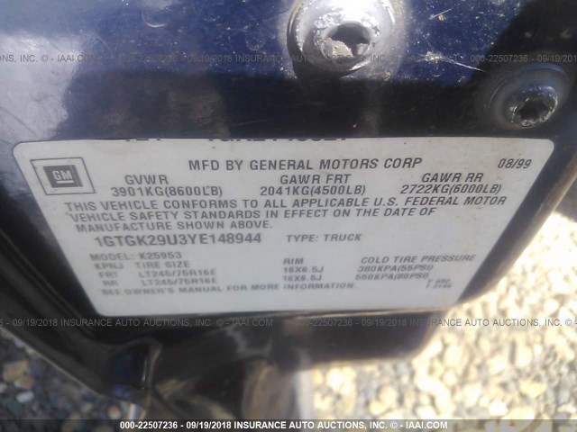 1GTGK29U3YE148944 - 2000 GMC NEW SIERRA K2500 BLUE photo 9