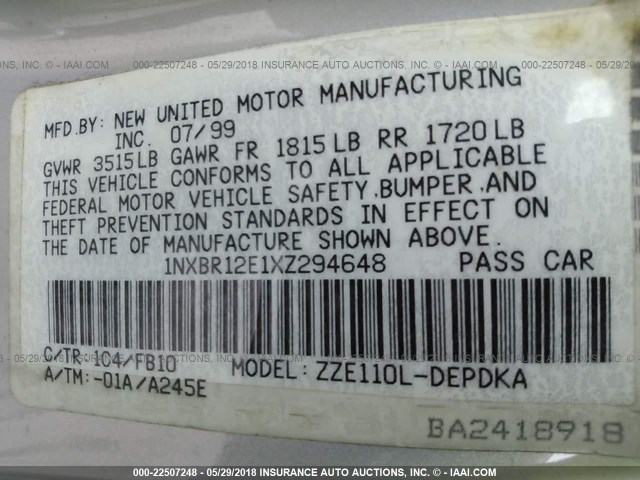 1NXBR12E1XZ294648 - 1999 TOYOTA COROLLA VE/CE/LE 银色 照片 9