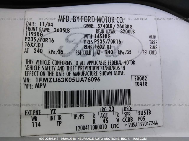 1FMZU63K05UA76096 - 2005 FORD EXPLORER XLT/XLT SPORT/NBX 白色 照片 9