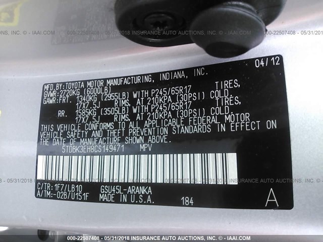 5TDBK3EH8CS149471 - 2012 TOYOTA HIGHLANDER SE SILVER photo 9