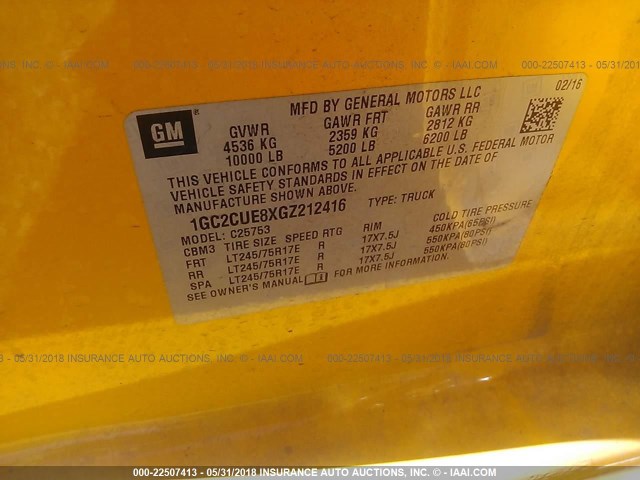 1GC2CUE8XGZ212416 - 2016 CHEVROLET SILVERADO C2500 HEAVY DUTY YELLOW photo 9