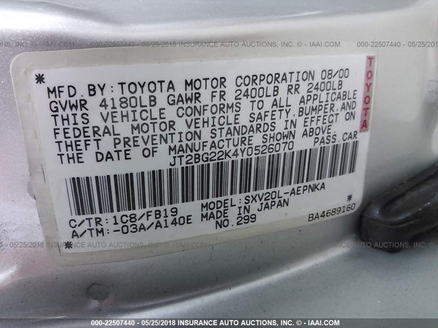 JT2BG22K4Y0526070 - 2000 TOYOTA CAMRY CE/LE/XLE SILVER photo 9