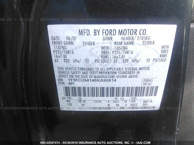 1FMCU94148KA90614 - 2008 FORD ESCAPE LIMITED GRAY photo 9