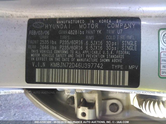 KM8JN72D46U397742 - 2006 HYUNDAI TUCSON GLS/LIMITED SILVER photo 9