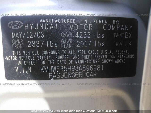 KMHWF35H93A896981 - 2003 HYUNDAI SONATA GLS/LX SILVER photo 9