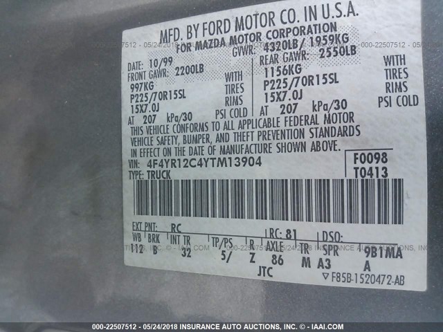 4F4YR12C4YTM13904 - 2000 MAZDA B2500 GRAY photo 9