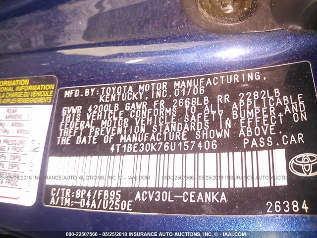 4T1BE30K76U157406 - 2006 TOYOTA CAMRY LE/XLE/SE 深蓝色 照片 9