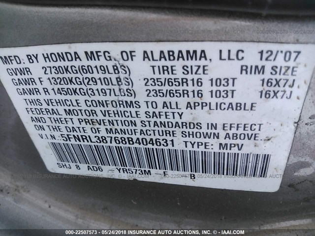 5FNRL38768B404631 - 2008 HONDA ODYSSEY EXL Champagne photo 9