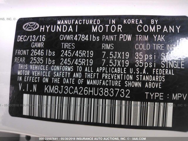 KM8J3CA26HU383732 - 2017 HYUNDAI TUCSON LIMITED/SPORT AND ECO/SE WHITE photo 9