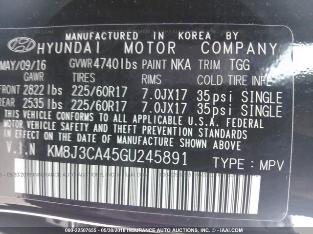 KM8J3CA45GU245891 - 2016 HYUNDAI TUCSON LIMITED/SPORT AND ECO/SE BLACK photo 9