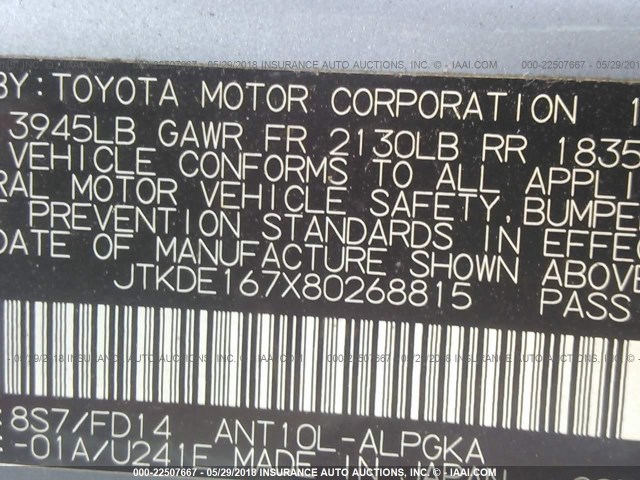 JTKDE167X80268815 - 2008 TOYOTA SCION TC 蓝色 照片 9