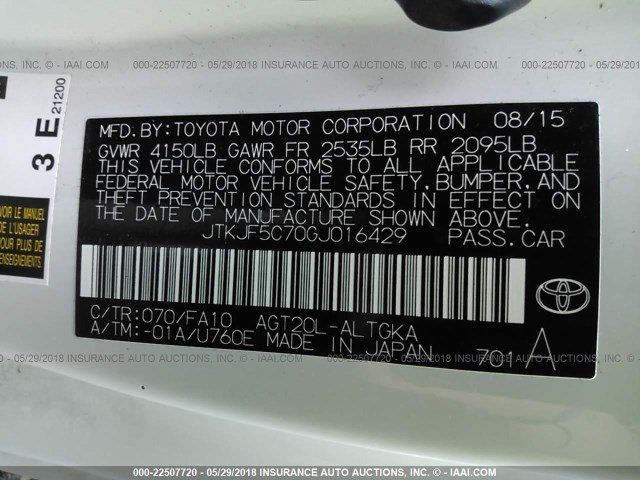 JTKJF5C70GJ016429 - 2016 TOYOTA SCION TC 白色 照片 9