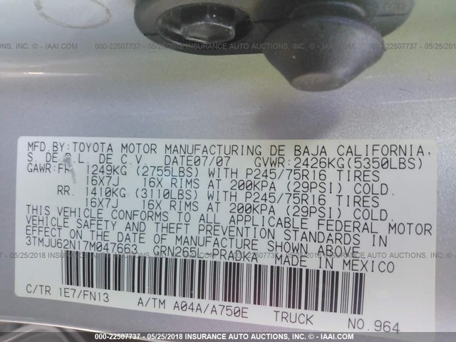 3TMJU62N17M047663 - 2007 TOYOTA TACOMA DOUBLE CAB PRERUNNER SILVER photo 9