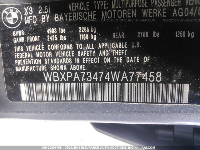 WBXPA73474WA77458 - 2004 BMW X3 2.5I 灰色 照片 9