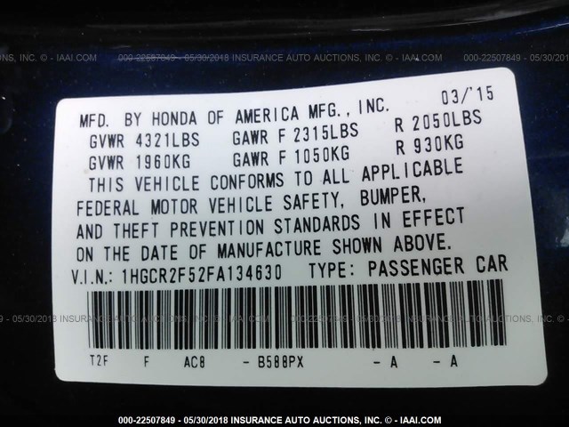 1HGCR2F52FA134630 - 2015 HONDA ACCORD SPORT 蓝色 照片 9