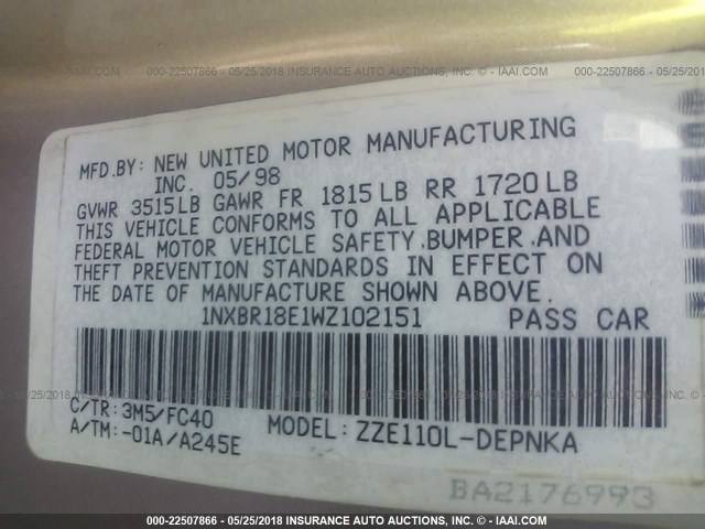 1NXBR18E1WZ102151 - 1998 TOYOTA COROLLA VE/CE/LE 金色 照片 9