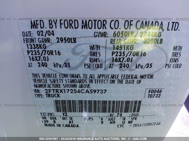 2FTRX17254CA59737 - 2004 FORD F-150 HERITAGE CLASSIC WHITE photo 9