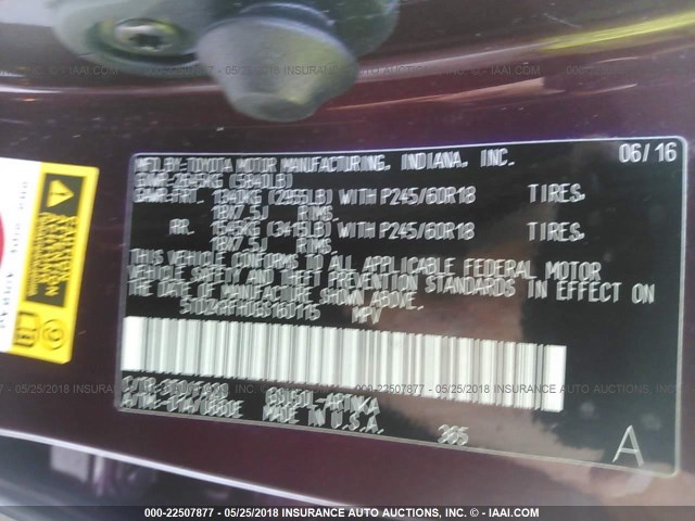 5TDZKRFH0GS160115 - 2016 TOYOTA HIGHLANDER LE/LE PLUS მუქწითელი ფოტო 9