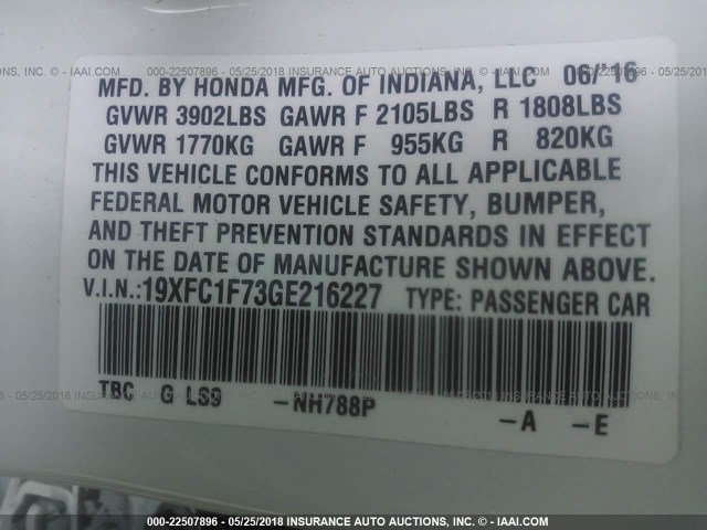 19XFC1F73GE216227 - 2016 HONDA CIVIC EXL თეთრი ფოტო 9
