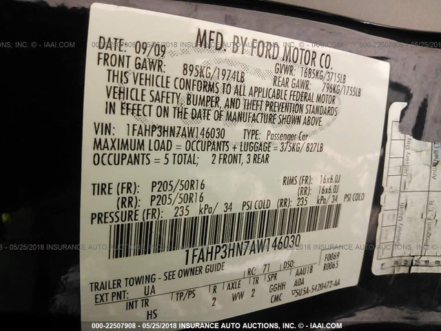 1FAHP3HN7AW146030 - 2010 FORD FOCUS SEL შავი ფოტო 9