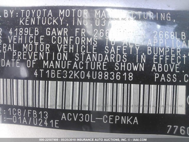 4T1BE32K04U883618 - 2004 TOYOTA CAMRY LE/XLE/SE Gümüş foto 9