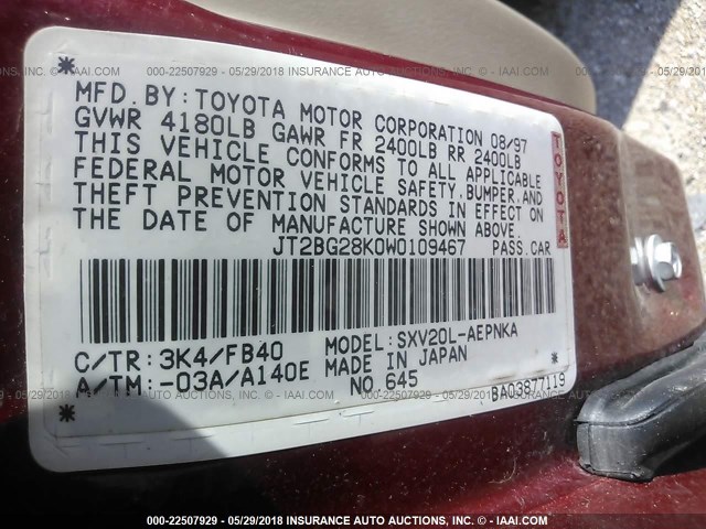 JT2BG28K0W0109467 - 1998 TOYOTA CAMRY LE/XLE RED photo 9