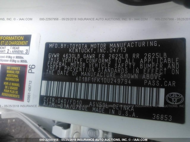 4T1BF1FK1DU249794 - 2013 TOYOTA CAMRY L/SE/LE/XLE 白色 照片 9