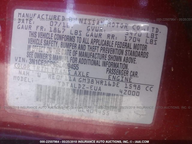 3N1CE2CP9GL409455 - 2016 NISSAN VERSA NOTE S/S PLUS/SV/SL/SR RED photo 9