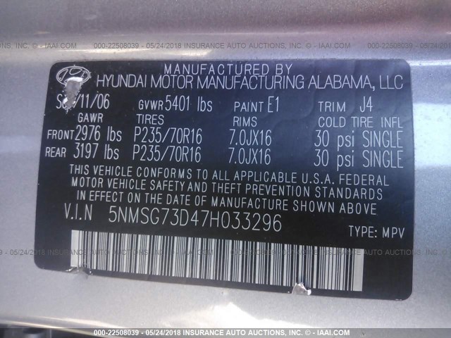 5NMSG73D47H033296 - 2007 HYUNDAI SANTA FE GLS GRAY photo 9