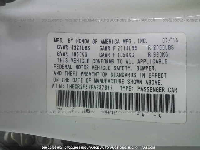 1HGCR2F57FA237817 - 2015 HONDA ACCORD SPORT 白色 照片 9