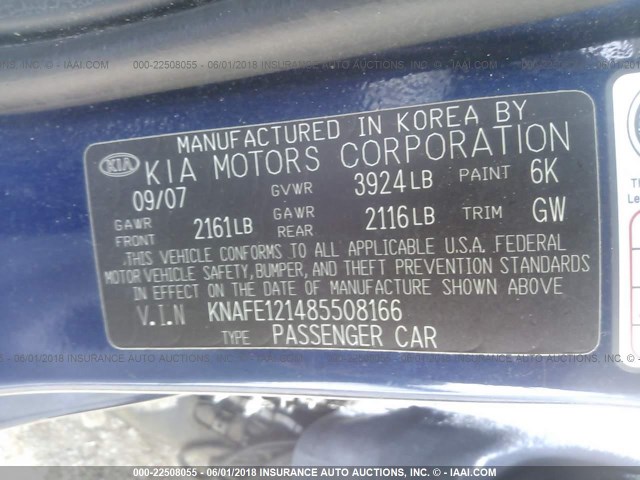 KNAFE121485508166 - 2008 KIA SPECTRA EX/LX/SX BLUE photo 9