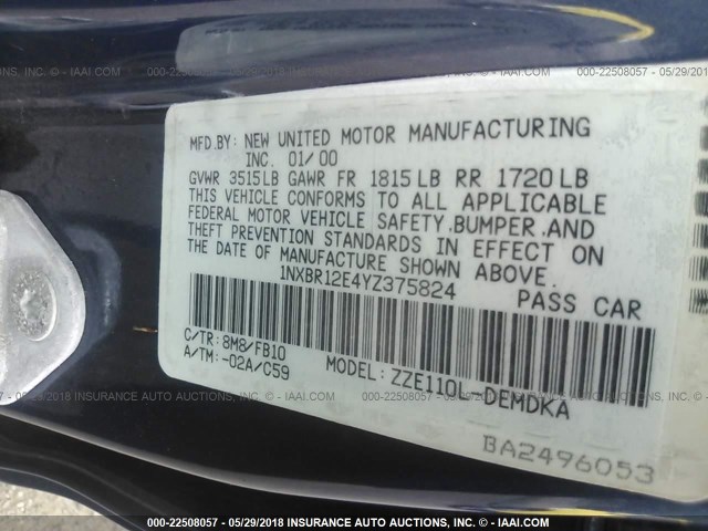 1NXBR12E4YZ375824 - 2000 TOYOTA COROLLA VE/CE/LE 蓝色 照片 9