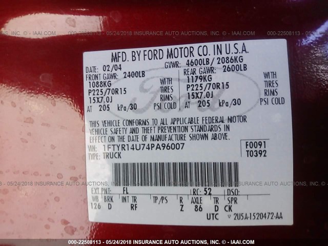 1FTYR14U74PA96007 - 2004 FORD RANGER SUPER CAB RED photo 9