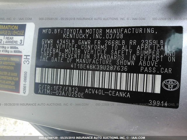 4T1BE46K39U287636 - 2009 TOYOTA CAMRY SE/LE/XLE SILVER photo 9